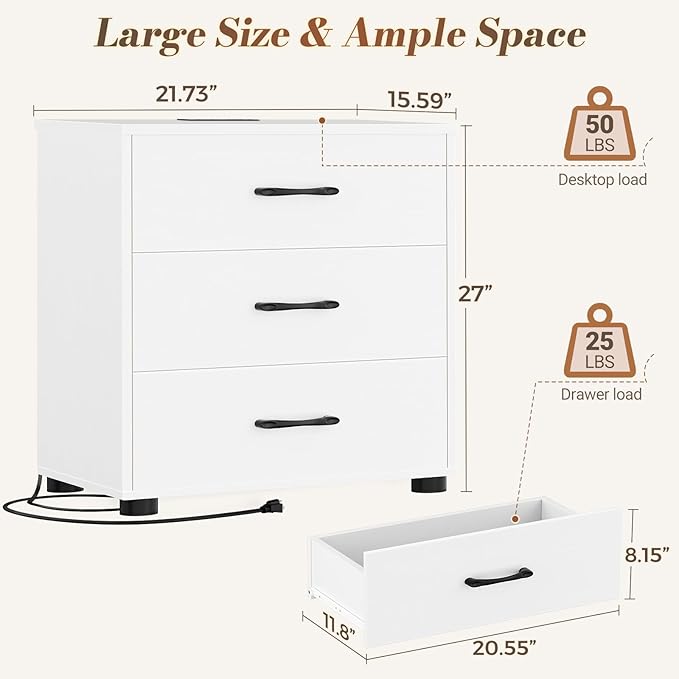 Aheaplus Night Stand Set of 2 with Charger Station, 21.7'' Wider Nightstands with 3 Wooden Drawers, Large Tall Bedside Table, Modern End Side Table Set, Nightstand for Bedroom, White