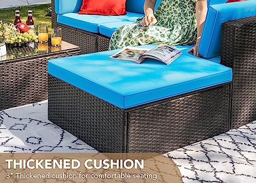 Devoko 5 Pieces Patio Furniture Sets All Weather Outdoor Sectional Patio Sofa Manual Weaving Wicker Rattan Patio Seating Sofas with Cushion and Glass Table (Blue)