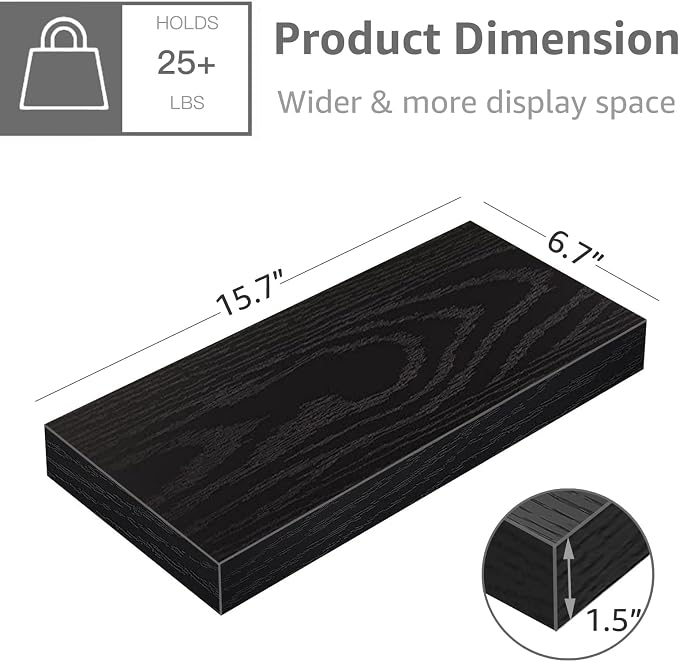 QEEIG Floating Shelf for Wall Bathroom Shelves Bedroom Kitchen Living Room Farmhouse Small Book Shelf 16 inch Set of 1, Black (015-B1)