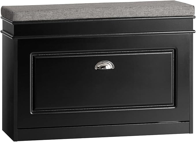 Haotian Shoe Storage Bench with Cushion, Black Narrow Shoe Rack for Entryway, Small Shoe Cabinet with Flip-Drawer, Closet Hallway Mudroom FSR82-L-SCH