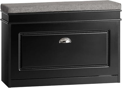 Haotian Shoe Storage Bench with Cushion, Black Narrow Shoe Rack for Entryway, Small Shoe Cabinet with Flip-Drawer, Closet Hallway Mudroom FSR82-L-SCH