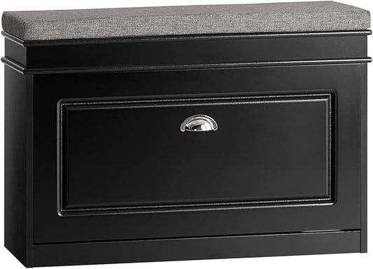 Haotian Shoe Storage Bench with Cushion, Black Narrow Shoe Rack for Entryway, Small Shoe Cabinet with Flip-Drawer, Closet Hallway Mudroom FSR82-L-SCH