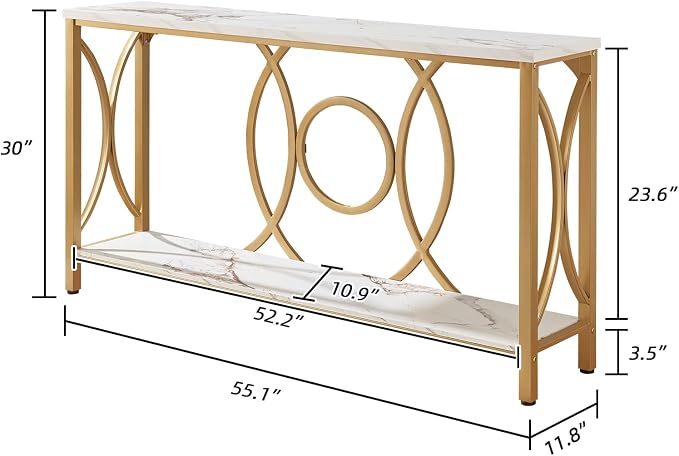 HOMISSUE Sofa Console Table, Modern Gold Console Table with Faux Marbled Tabletop, Engineered Wood Entryway Tables with 2 Tier Storage, Narrow Sofa Table for Living Room, Hallway (55 Inch, White&Gold)