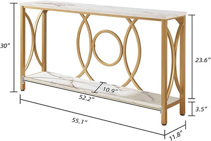 HOMISSUE Sofa Console Table, Modern Gold Console Table with Faux Marbled Tabletop, Engineered Wood Entryway Tables with 2 Tier Storage, Narrow Sofa Table for Living Room, Hallway (55 Inch, White&Gold)