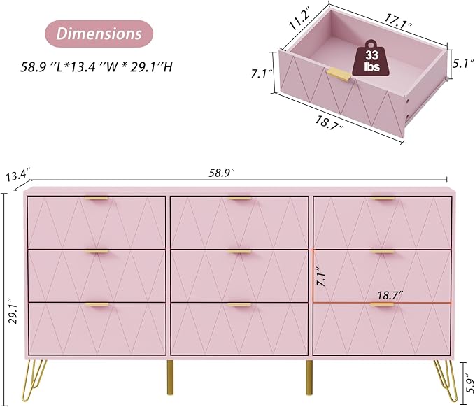 Anbuy Bedroom Sets 3 Pieces Pink Modern 9 Drawer Dresser and Nightstand Sets for Bedroom, Two Drawers Nightstand Set of 2 & 9 Drawer Dresser Combo 3 Pcs (Pink)