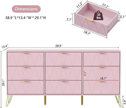 Anbuy Bedroom Sets 3 Pieces Pink Modern 9 Drawer Dresser and Nightstand Sets for Bedroom, Two Drawers Nightstand Set of 2 & 9 Drawer Dresser Combo 3 Pcs (Pink)