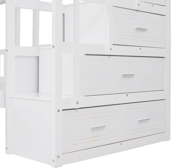VilroCaz Upgraded Version Full Over Twin & Twin Bunk Bed, Solid Wood Triple Bunk Bed with Storage Drawers and Staircase, Strong Sturdy Bunk Bed Frame with Guardrails for Kids Teens Aldults