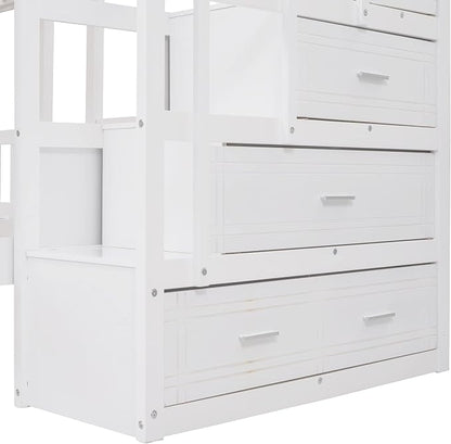 VilroCaz Upgraded Version Full Over Twin & Twin Bunk Bed, Solid Wood Triple Bunk Bed with Storage Drawers and Staircase, Strong Sturdy Bunk Bed Frame with Guardrails for Kids Teens Aldults