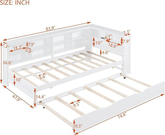 Bellemave Twin Corner Bed Frame with Trundle, Wood Twin Daybed with L-Shaped Bookcase，Daybed with Storage Cabinets, White