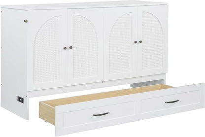 Ball & Cast Murphy Bed Queen Size Bedroom Folding Wall Cabinets Frame with Large Drawer and USB Ports,Hideaway Bed w/Tri-Fold Mattress Design,for Guest Room,Study,Office,White