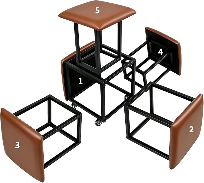 5 in 1 Nesting Ottoman Cube Chair, Stackable Stools, Leather Square Ottoman Bench, Foot Stool with Wheels for Living Room,Dining Room 15.75x15.75x16.54 inches