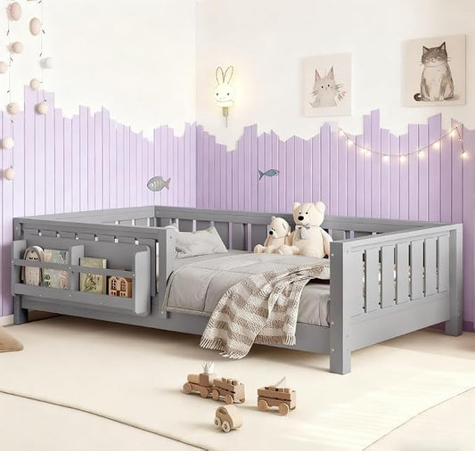 Bellemave Twin Size Floor Bed with high Rails and with Built-in Bookshelf for Kids, Girls, Boys, Wood Montessori Floor Bed Without Door, Gray