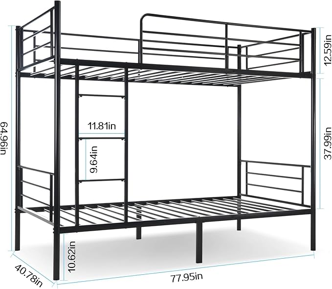 Bunk Bed Twin Over Twin with Ladders and Guardrail,Sturdy Literas Heavy Duty Metal Slats,400 lbs Capacity,No Spring Box Required,Black