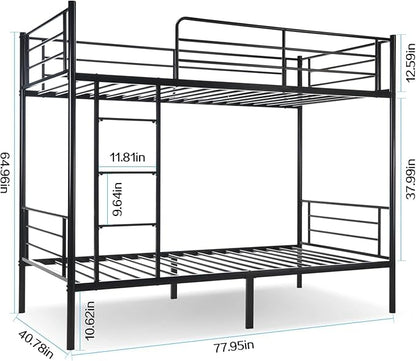 Bunk Bed Twin Over Twin with Ladders and Guardrail,Sturdy Literas Heavy Duty Metal Slats,400 lbs Capacity,No Spring Box Required,Black