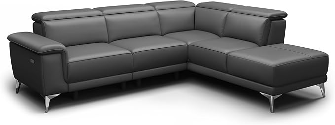 Valencia Pista Geniune Leather Reclining Sectional Sofa with Right Hand Chaise -| Power Recliner Chair, Nappa 11000 Leather | L Shaped Couch for Living Room Furniture, Cloudy Grey