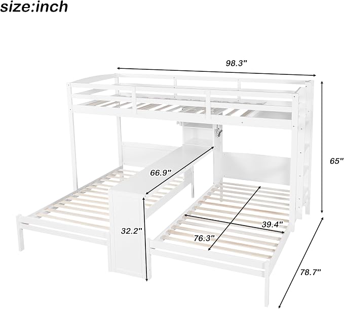 VilroCaz Twin Over Twin & Twin Bunk Bed with Built-in Desk and Storage Shelves, 3 Beds in 1 Design Solid Wood Triple Bunk Bed with Reading Lamp and Guardrails for Kids Teens Aldults (White-2.14)