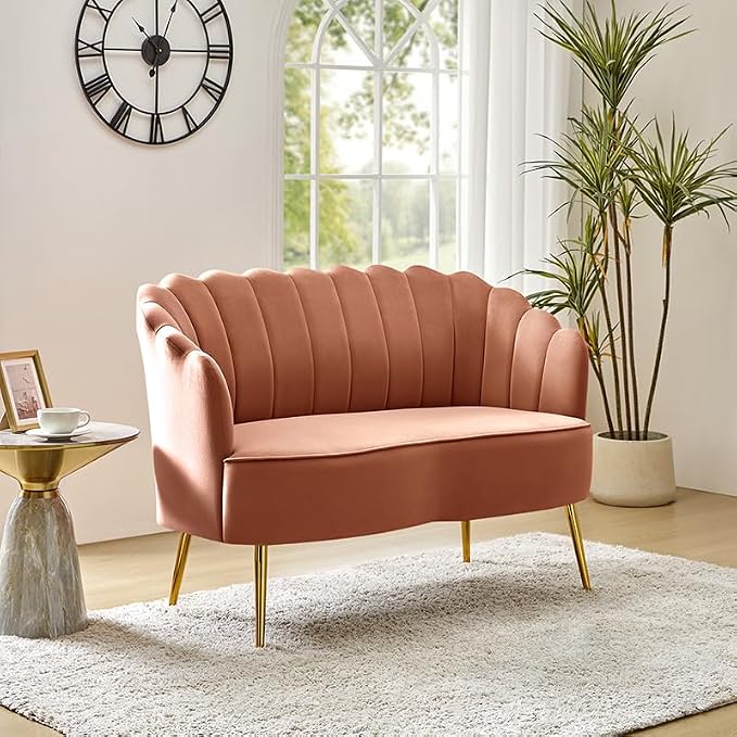 Velvet Upholstered Loveseat Sofa with Gold Metal Legs, Modern Comfy Small Love Seat with Flower Shaped Back, 2-Seater Sofa Accent Couch for Living Bedroom Leisure Areas, Coral