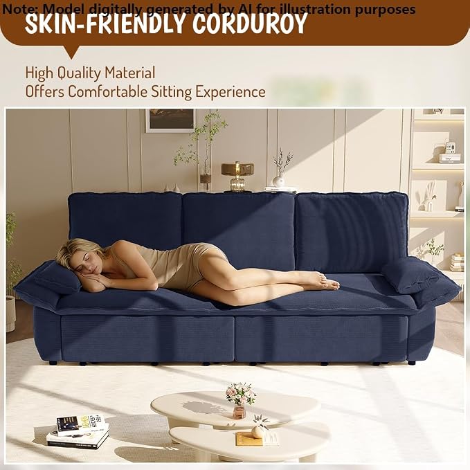 94.5'' Sleeper Sofa Bed King Size, Modern Corduroy Pull Out Couch, 3-in-1 Convertible Futon Sofa, 3 Seater Couches, Cloud Recliner, Pillow Arm, for Living Room, Apartment, Offices, Dark Blue