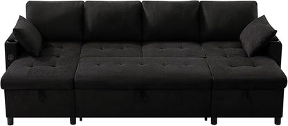 110" Fabric Pull-Out Couch Bed w/Adjustable Backrests, Black | Sectional Sleeper Sofa w/USB Ports & 2 Cup Holders, Upholstered U-Shaped Couch w/Storage Chaise for Living Room, House