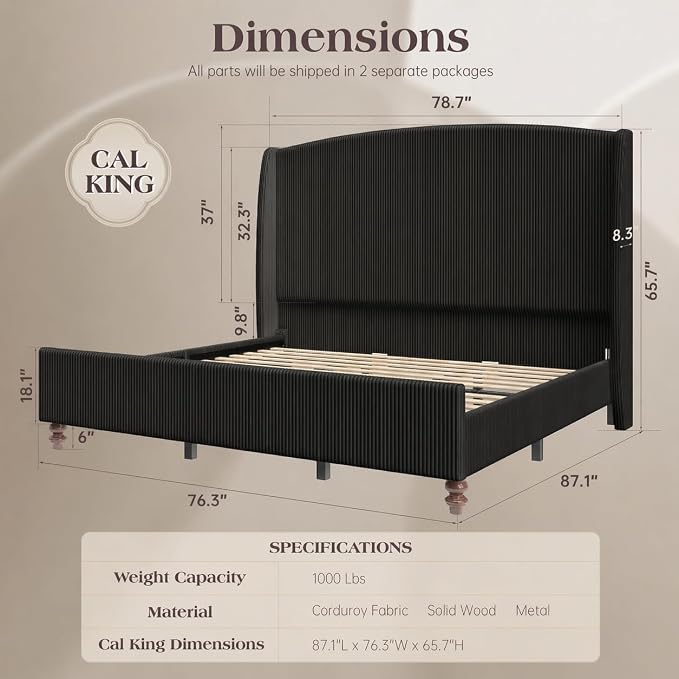 65.7" Tall Headboard California King Size Upholstered Bed Frame with Wingback, Soft Washable Corduroy Beds Cover, Solid Wood Legs, Noise-Free, No Box Spring Needed, Black