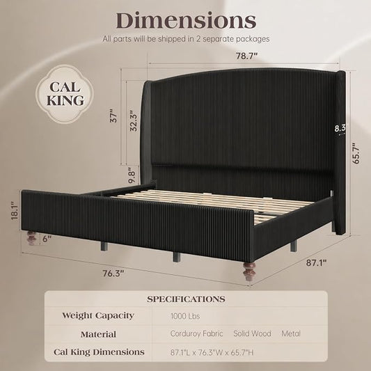 65.7" Tall Headboard California King Size Upholstered Bed Frame with Wingback, Soft Washable Corduroy Beds Cover, Solid Wood Legs, Noise-Free, No Box Spring Needed, Black