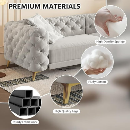 97.7'' Pull Out Sofa Bed King, Chesterfield Velvet Sleeper Sofa, Convertible L-Shaped Futon Couch, Tufted Back, Ottoman, Deep Seat Loveseat Couches for Living Room, Apartment, Light Gray