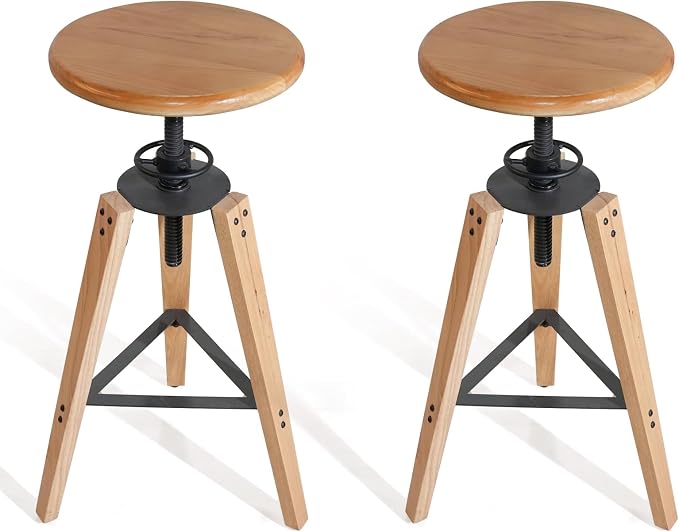 2-Piece Adjustable Height Swivel Bar Stool - Industrial Rustic Style, Solid Oak Wood Seat and Frame, 24.8"-28.7", Natural Finish, Anti-Slip Pads - Perfect for Kitchen, Bar, Counter, Home - Heavy Duty