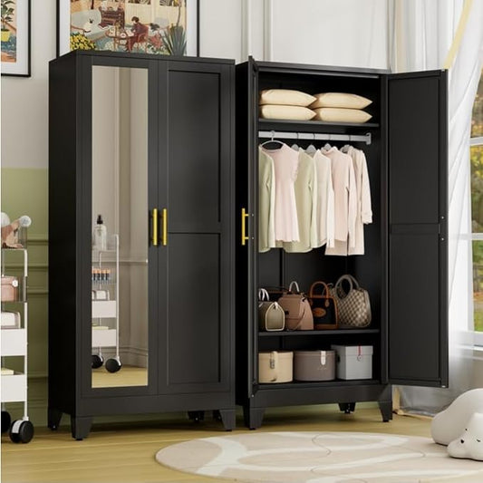 Metal Armoire Wardrobe Closet Storage Cabinet with Mirror Black, 71'' Wardrobe Cabinet with Hanging Rod Metal Closet with 2 Adjustable Shelves for Bedroom, Laundry Room, Cloak Room