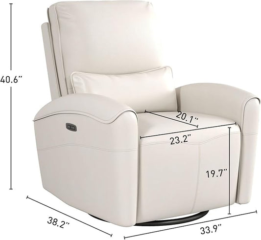 Bonzy Home Power Swivel Rocker Recliner Chair with USB Port, 23.2" Wide Seat, Fixed Lumbar Support, Upholstered Glider Chair for Nursery Living Room, Beige