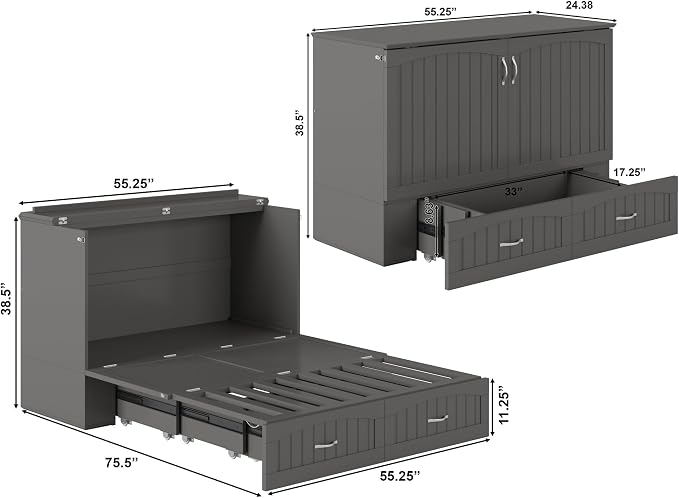 AFI, Southampton Murphy Bed Chest Full with 6" Mattress, Built-in USB Charger & Storage Drawer, Grey