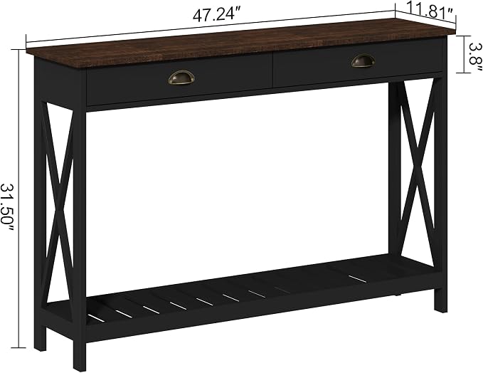 ChooChoo 47" Farmhouse Console Table with Drawer for Entryway, Narrow Long Entry Table with Shelf for Living Room, Rustic Vintage Hallway Sofa Table with Stable X Supports, Black