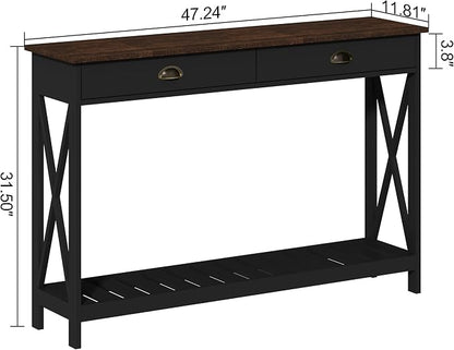 ChooChoo 47" Farmhouse Console Table with Drawer for Entryway, Narrow Long Entry Table with Shelf for Living Room, Rustic Vintage Hallway Sofa Table with Stable X Supports, Black