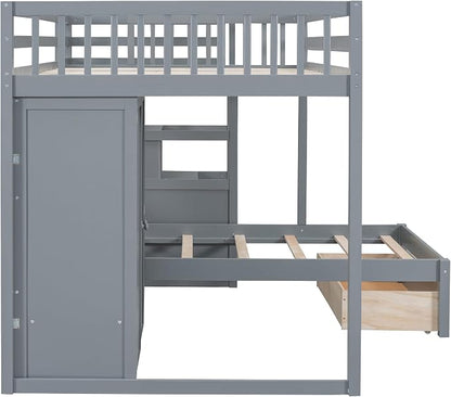 Merax Full Over Twin Bunk Bed with Wardrobe and Drawers, Gray