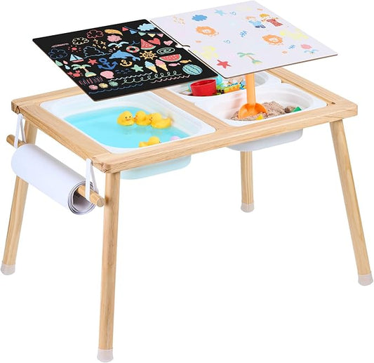 VEVOR Sensory Table for Toddlers, Activity with 3 Foldable Storage Bins, Paper Roll Holder, Indoor/Outdoor Play Sand and Water, Wooden Drawing Table, Gift for Boys Girls