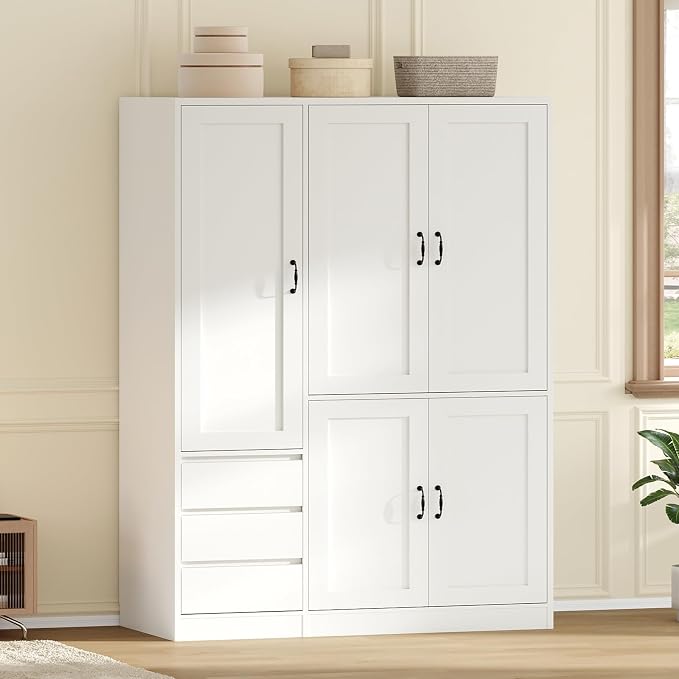 RALGEND Armoire Wardrobe Closet with 3 Drawers, 5 Doors Wardrobe Cabinet for Bedroom, 70.9" Bedroom Armoire with Hanging Rod, Large Capacity Storage Wardrobe Armoire, Clothing Storage Closet, White