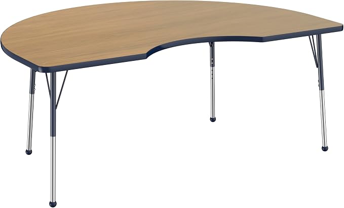 FDP Kidney (48 x 72 inch) Collaborative Classroom Table with Adjustable Standard Ball Glide Legs (19-30 in); School and Office Furniture - Pasadena Oak Top/Navy Edge and Legs