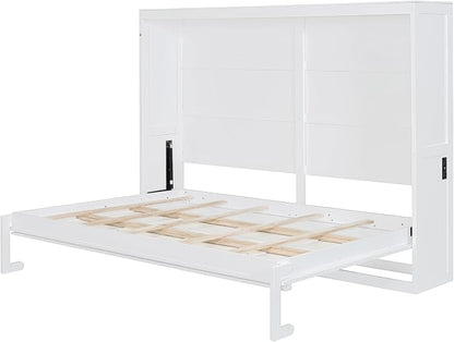 Ball & Cast Full Size Wall Cabinets Murphy Bed with Charging Station and Slat Support,Wood Hideaway Cabinet Platform Beds w/Leg & Lock,can be Folded,Space-Saving,for Small Room,Dorms,White