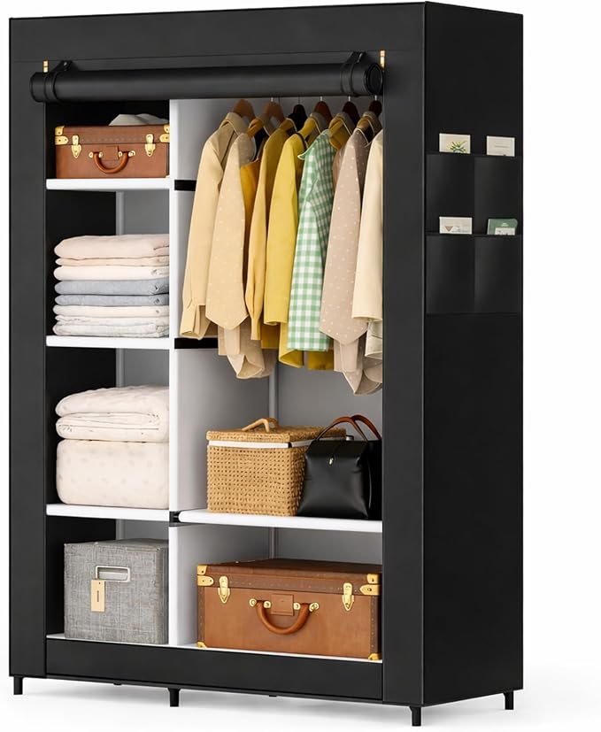 Simple Deluxe Wardrobe with lid, Clothes Rack for Hanging Clothes, 40.7"W x 17.5"D x 64.2"H Garment Rack，Max Load 143LBS，Black Rack with Black Cover