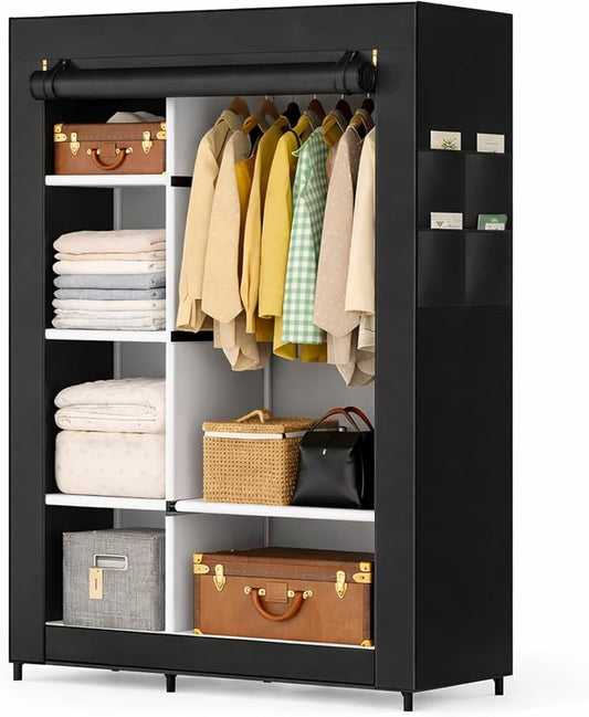Simple Deluxe Wardrobe with lid, Clothes Rack for Hanging Clothes, 40.7"W x 17.5"D x 64.2"H Garment Rack，Max Load 143LBS，Black Rack with Black Cover