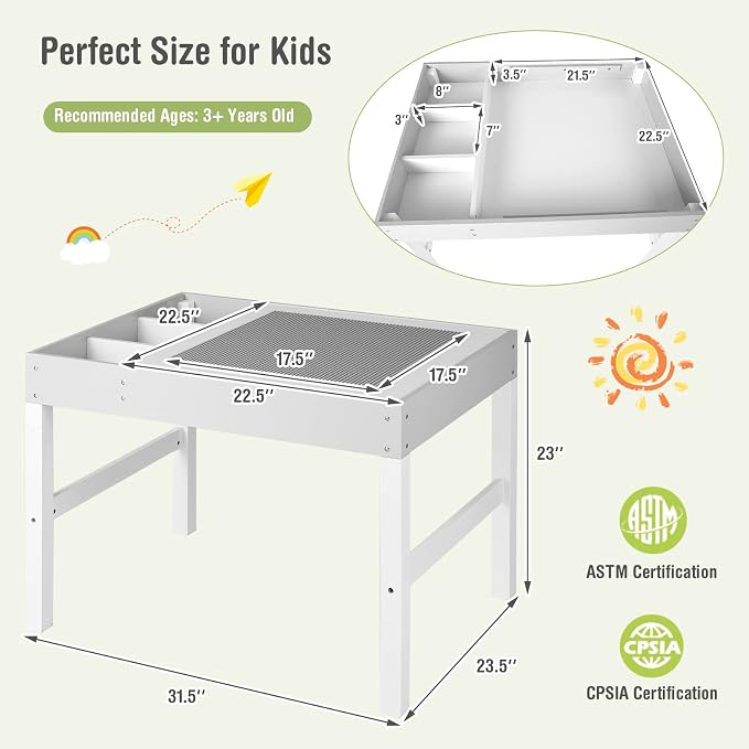 HONEY JOY Kids Table, 3 in 1 Toddler Wooden Activity Table, Convertible Building Block Tabletop, 3 Storage Compartments, Children Furniture Set for Daycare, Playroom (White)