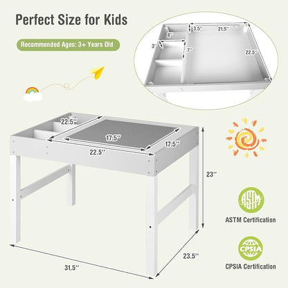 HONEY JOY Kids Table, 3 in 1 Toddler Wooden Activity Table, Convertible Building Block Tabletop, 3 Storage Compartments, Children Furniture Set for Daycare, Playroom (White)