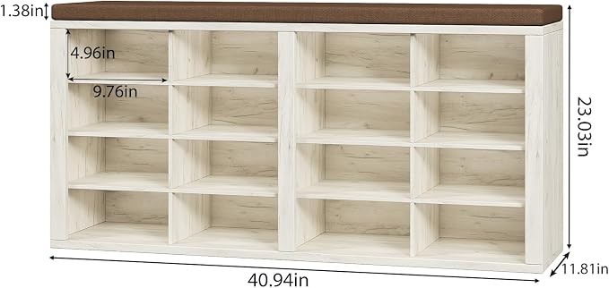 Shoe Rack Bench, Shoe Storage Bench with Cushion, Shoe Organizer 16 Cubbies for Entryway Hallway Bedroom Living Room, Holds Up to 400lbs