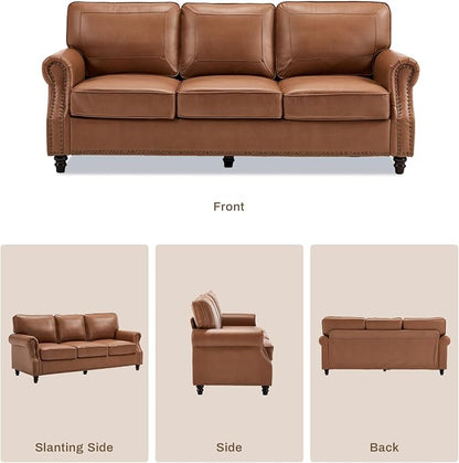 Kingfun 3 Seater Sofa, Mid-Century Modern Faux Leather Couch Set for Living Room, Brown with Rolled Arms & Nailhead Trim, Easy Assembly