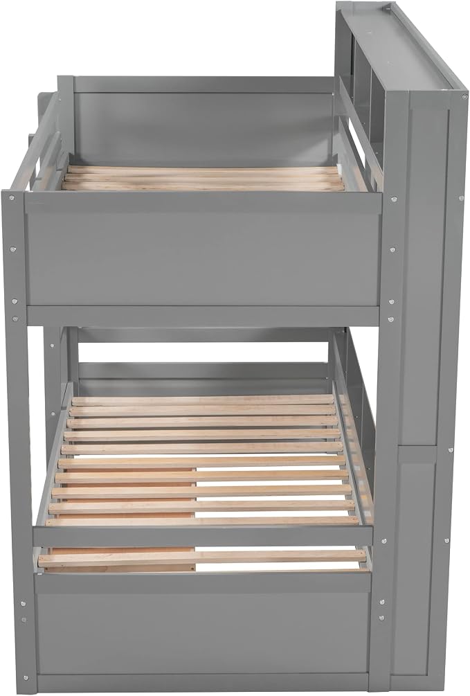 RUNNA Twin Bunk Bed with Storage Drawer,Shelves,Ladder,Gray | Twin bunk bed with storage drawer, shelves, ladder, guardrails, solid wood, no box spring needed, white, kids teens