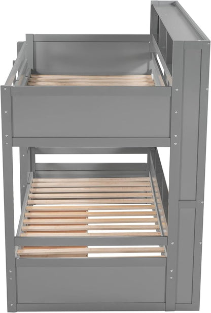 RUNNA Twin Bunk Bed with Storage Drawer,Shelves,Ladder,Gray | Twin bunk bed with storage drawer, shelves, ladder, guardrails, solid wood, no box spring needed, white, kids teens
