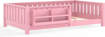 Bellemave Twin Floor Bed with Rails and Slats, Twin Size Montessori Floor Bed with Bookshelf and Fence, Easy Assemble Montessori Beds Frame for Girls, Boys, Pink