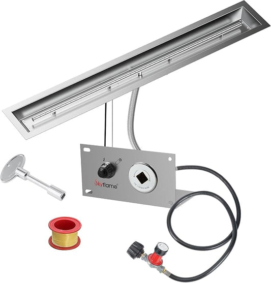 Skyflame 48 x 6 Inch Liner Fire Pit Pan Kit, Stainless Steel Drop-in Fire Pit Pan and Burner, Come with Spark Ignition and Propane Hose, Indoor/Outdoor Fire Table DIY Decorative
