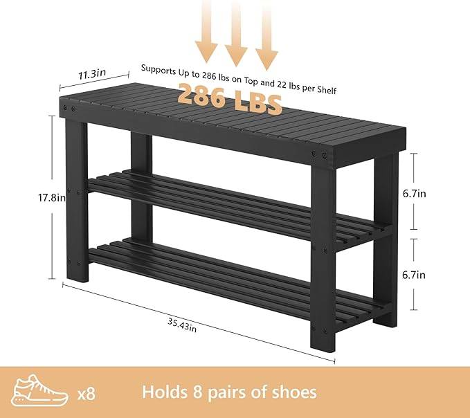 Sweetcrispy 3-Tier Shoe Rack Bench for Entryway, 35 Inches, Black | Bamboo Shoe Storage Bench, Shoes Rack for Entrance, Living Room, Balcony, 8 Pairs, 286lb Capacity