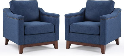 HAOMARKETS Vintage Upholstered Armchair Set of 2 with Nailhead Trim and Solid Wood Legs, Comfortable Accent Chair for Living Room & Bedroom, Blue