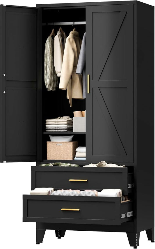 LCAOPC 71" Tall Metal Wardrobe Cabinet with 2 Drawers and Hanging Rod, 2 Doors Armoire Wardrobe Closet with Shelf for Bedroom, Office, Laundry Room, Black